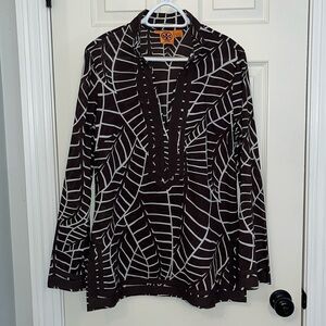Tory Burch Brown/White Palm Print Cotton Tunic‎ Sz 10 Side Zip Sheer Lightweight